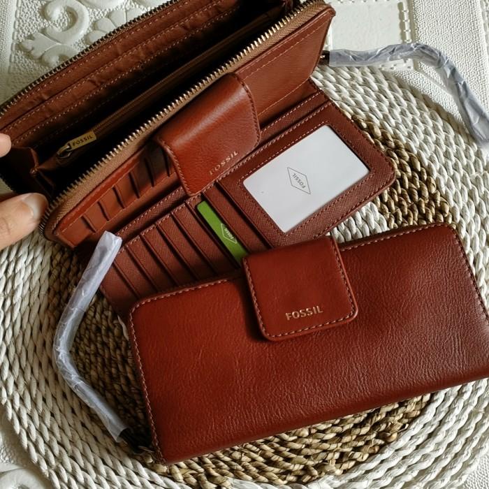 Dompet fossil madison zip clutch brown
