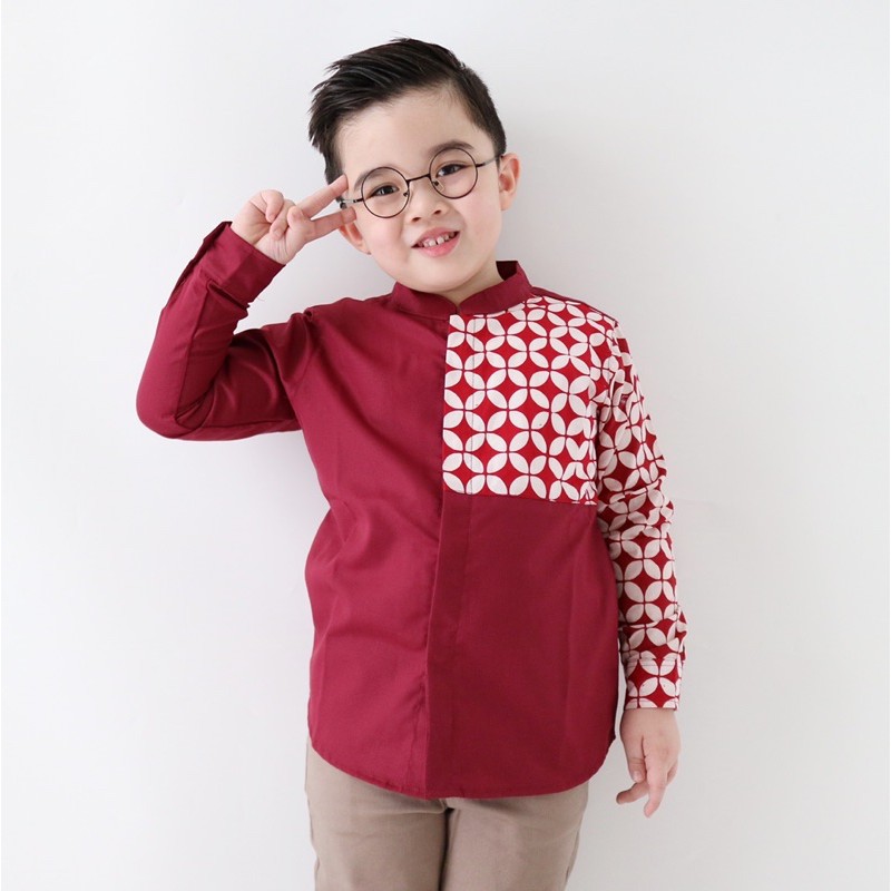 Yobebee Kemeja Batik Tangan Panjang Anak Laki Laki Usia 2 4 6 8 10 12 Tahun Baju Atasan Kids Casual Formal Katun Kemeja Anak Cowok Kerah Chiangi Couple Kembaran Anak dan Ayah