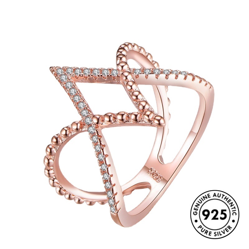 Cincin Berlian Bentuk V Bahan S925 Silver Warna Rose Gold