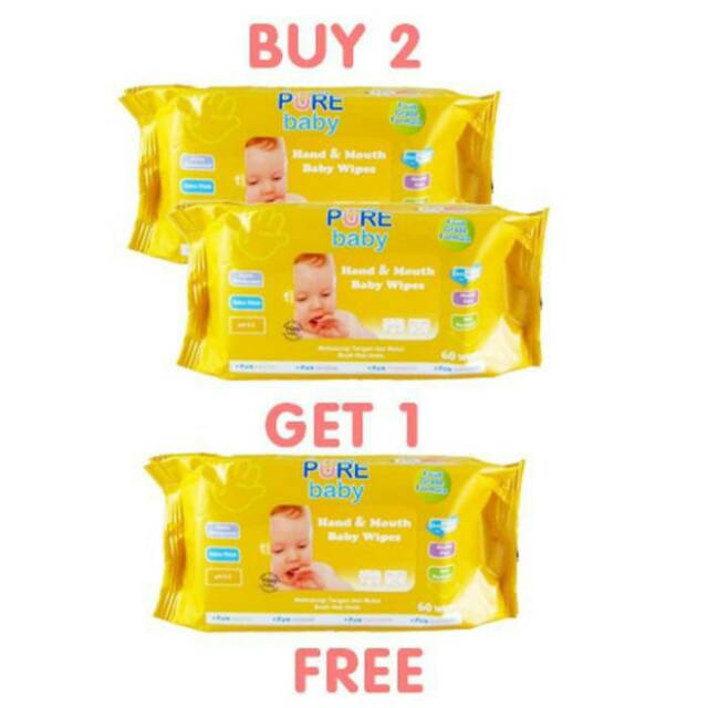 PURE BB HAND AND MOUTH BABY WIPES (buy 2 get 1) 60's per pack