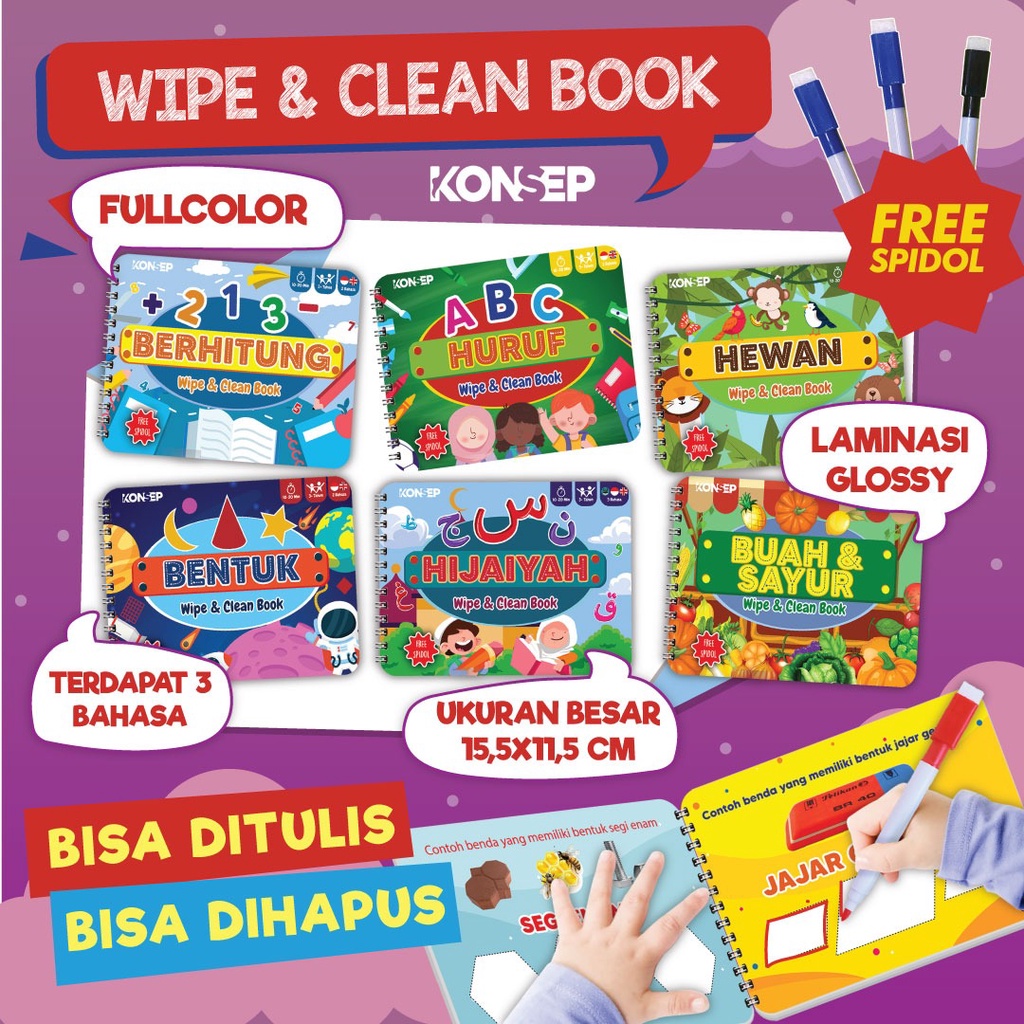 Konsep Wipe Clean Book Bentuk Buku Edukasi Anak Belajar Menulis Membaca Anak Paud TK Toodler