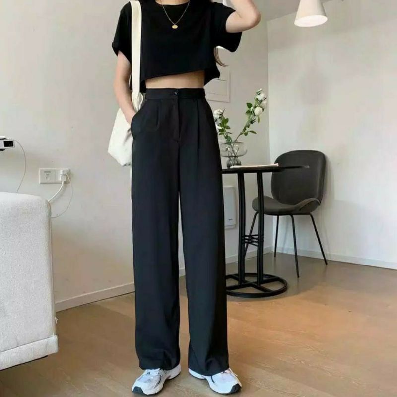 ￼Celana Panjang Kulot Yora Pants Highwaist V1 / Celana kerja Yora Pants Kulot Basic Wanita Loose Pants