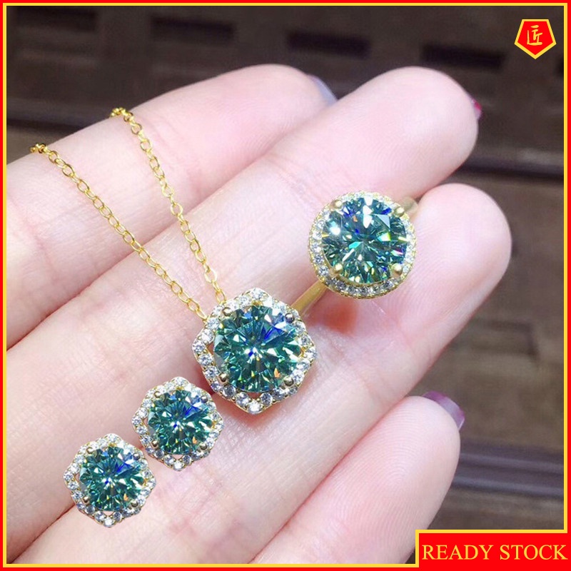 [Ready Stock]3 Karat Pt950 Blue and Green Diamond Necklace Ring Set