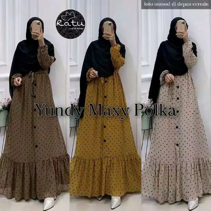 DRESS MAXI GAMIS BAHAN CERUTI POLKADOT FASHION WANITA TERKINI TERLARIS TERMURAH