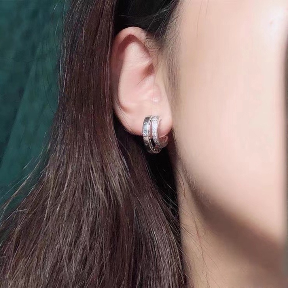 1 Pasang Anting Stud 925 Silver Bentuk Lingkaran Ganda Aksen Berlian Imitasi Untuk Wanita