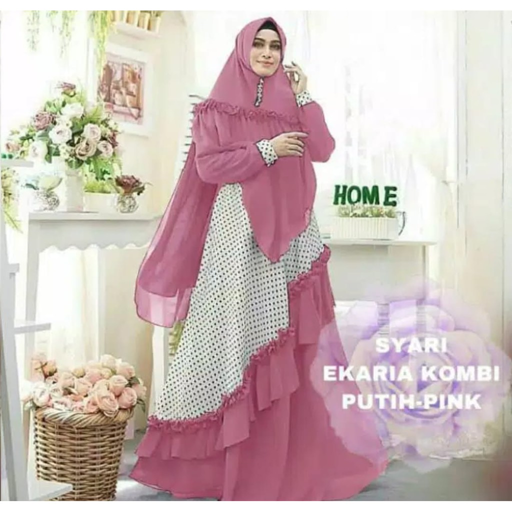 SYARI EKARIA POLKA KOMBI PUTIH / GAMIS RAMPLE / FASHION WANITA