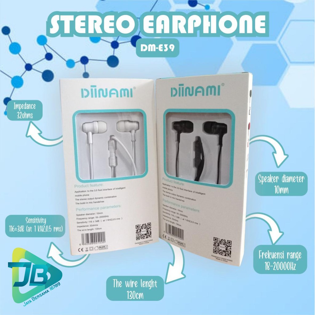 BM031 Headset DIINAMI E39 stereo Earphone Bass Android iPhone Original With MIC - Garansi 1 Tahun JB4769