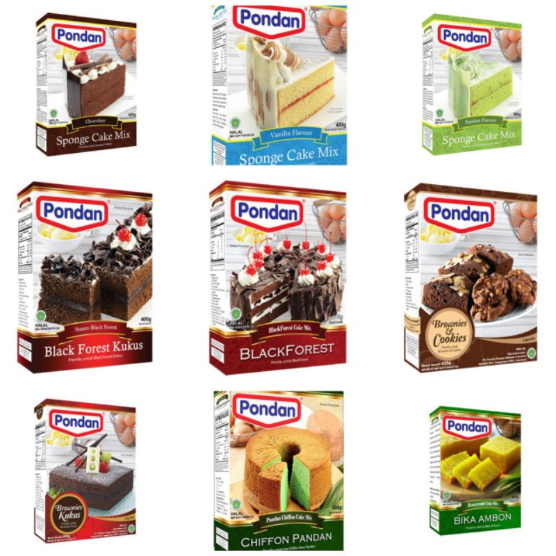 

PONDAN ALL VARIANT SPONGE CAKE MIX CHOCOLATE VANILLA PANDAN BLACKFOREST BROWNIES & COOKIES CHIFFON