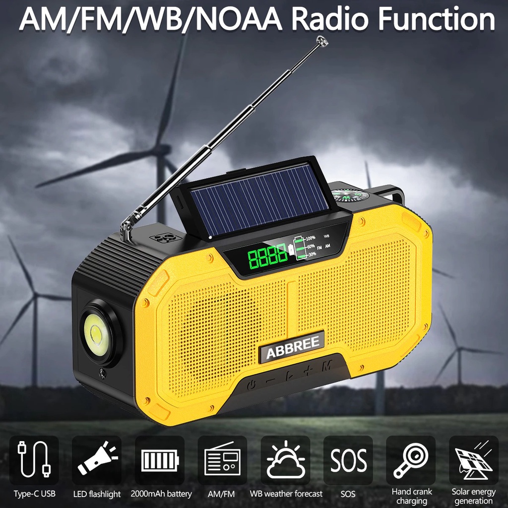 ABBREE Radio Solar Emergency Hand Crank FM/AM Portable Powerbank 5000 mAh Dan Senter IPX5