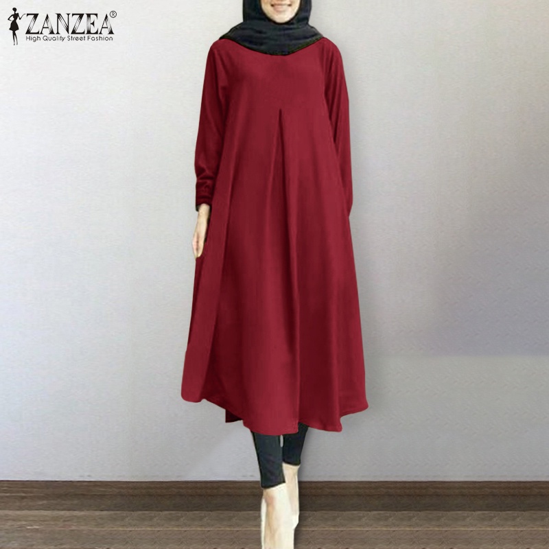 ZANZEA Women Solid Color Casual Button Cuffs Muslim Long Dress