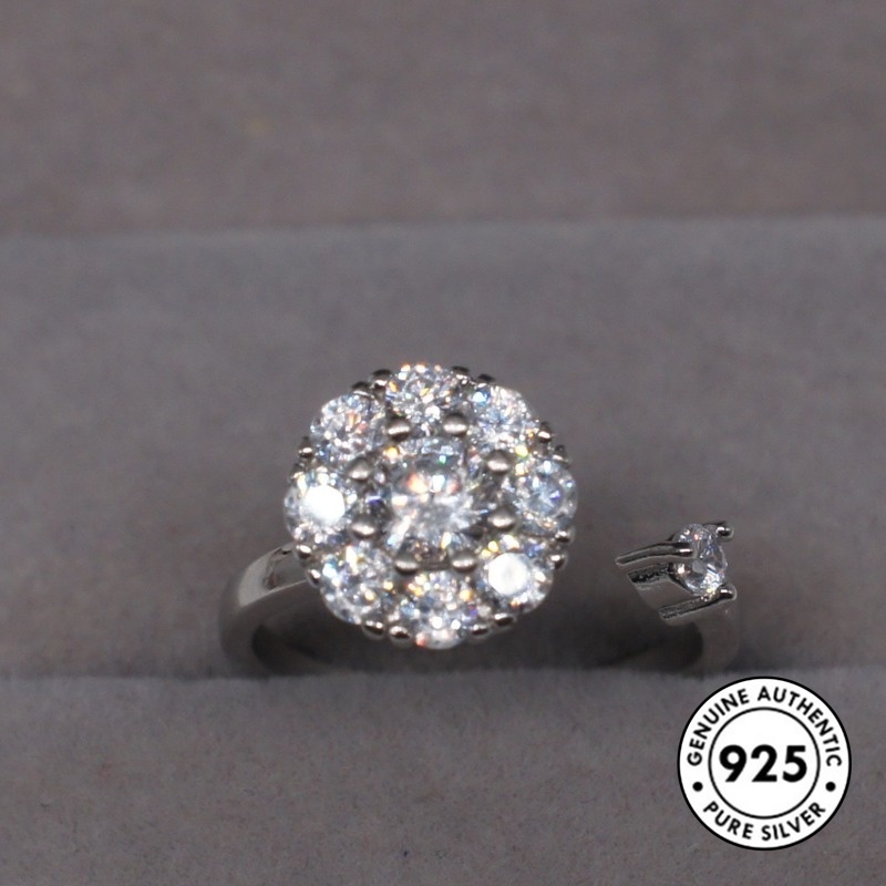 Cincin Sterling Silver 925 Model Terbuka Desain Bunga Hias Berlian Imitasi Untuk Wanita