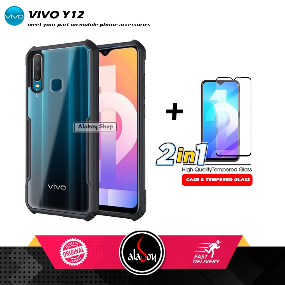 PAKET 2 IN 1 Case Vivo Y12 Armor Fusion Transparent Prmium Casing Free Tempered Glass