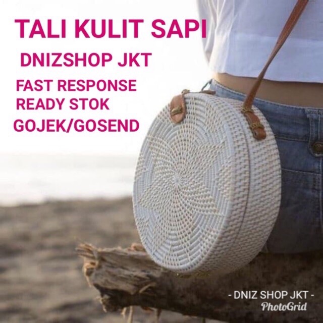 Tas rotan bali tali putih tali kulit