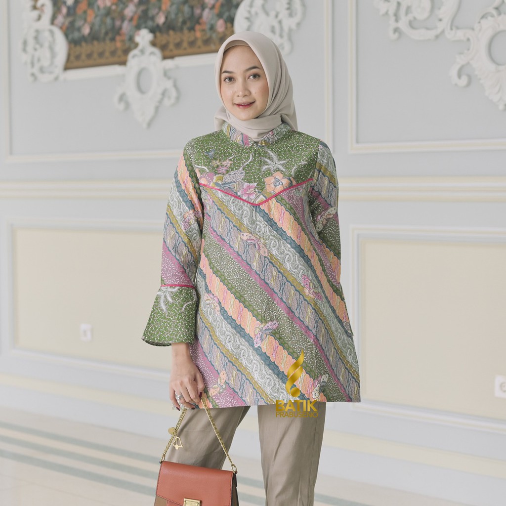 Pelangi Tunik Batik Wanita Prabuseno Original Ori Modern Lengan Panjang Jumbo Atasan Batik Kerja Bus