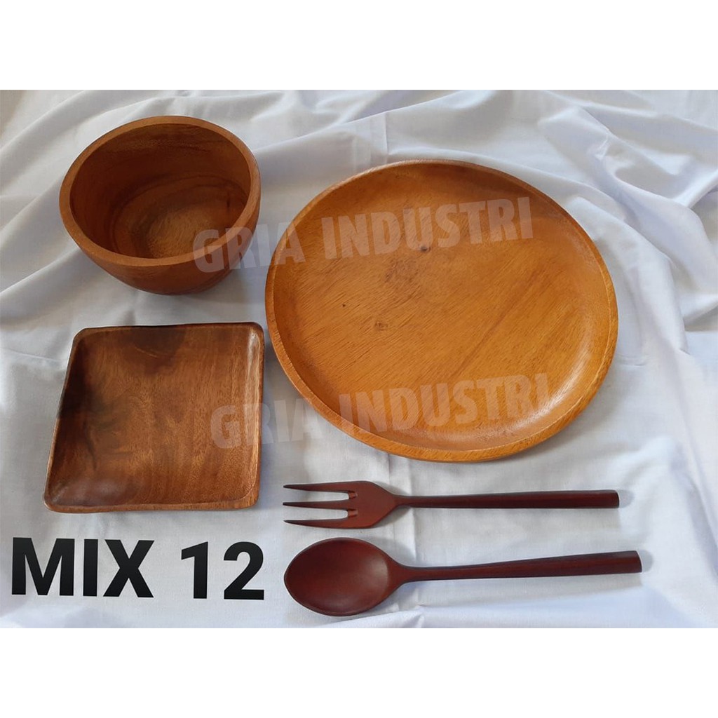 Mix12 Piring Bulat Mangkok Piring Kotak Sendok Garpu Kayuakasia Foodgr Shopee Indonesia