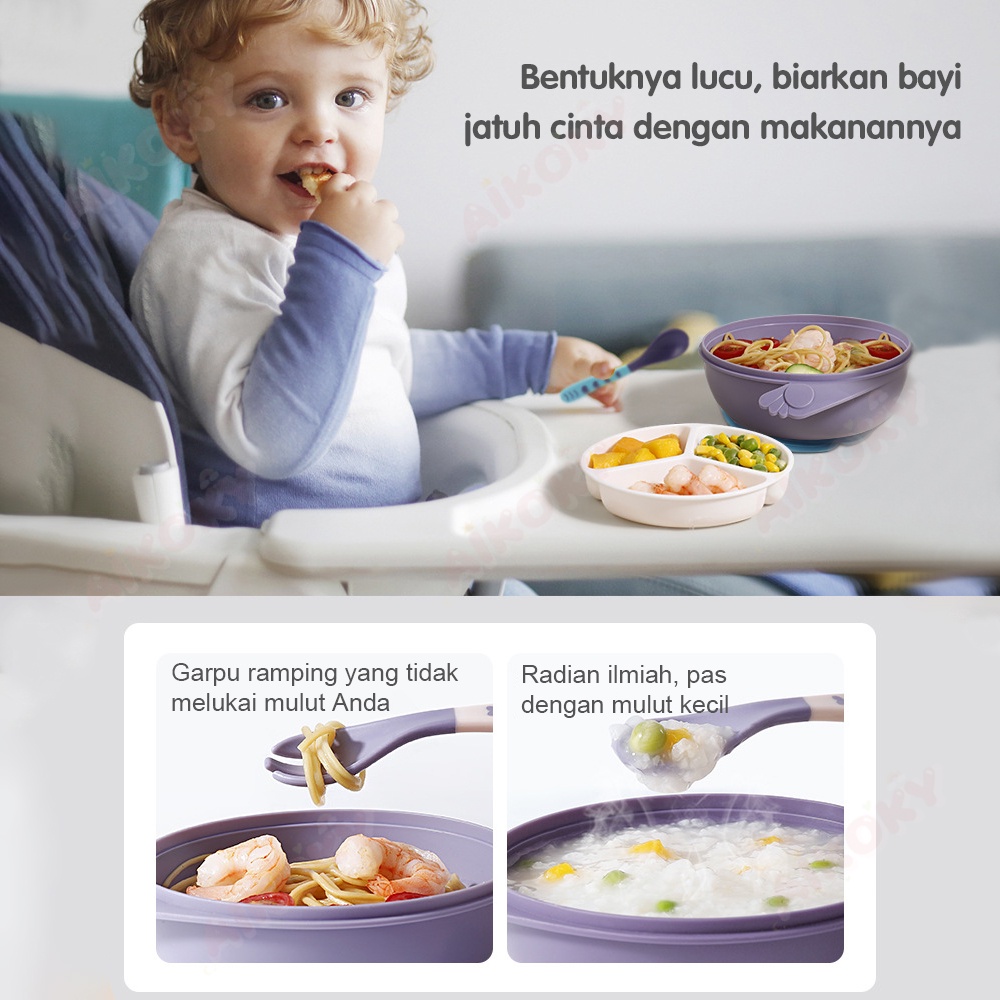 AIKOKY Mangkok Makan Bayi Anak Anti Tumpah/Mangkuk Sendok Garpu Bayi Set Double Layer Training Bowl Tempat Makan Anak