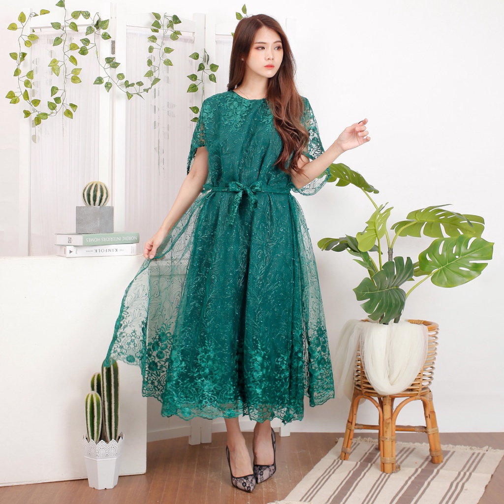 ASYA Baju Long Dress Wanita Terbaru Pesta Natal Brukat Tile Bordir Mutiara Gliter LongDress Brokat I