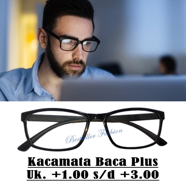 Kacamata Rabun Dekat (+) Ukuran +1.00 sampai +3.00 Kacamata Baca Plus Frame Persegi Panjang Hitam Unisex