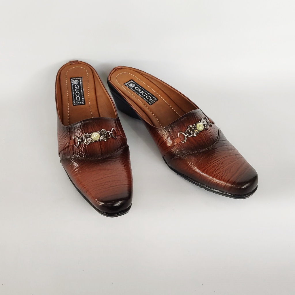 Sepatu slop wanita slip on bustong cewek kasual formal bahan kulit asli warna coklat