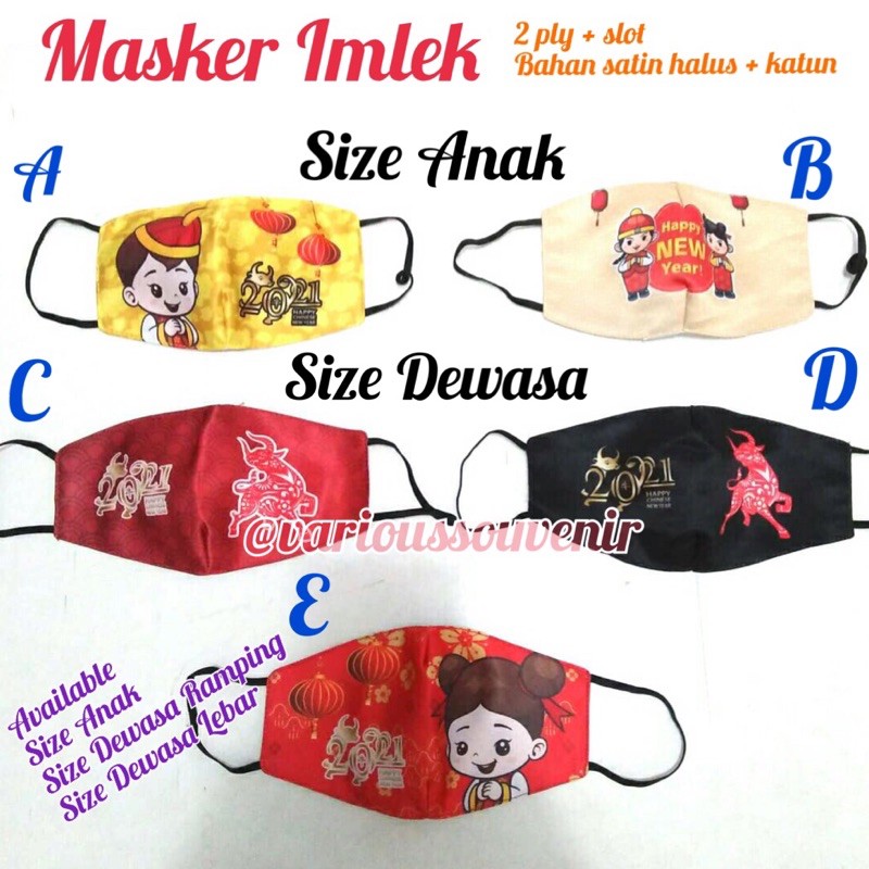 Masker Imlek Shio Kerbau Tahun 2021 Chinese New Year Koko Cici Lucu Size Dewasa Anak 2 Ply + Slot