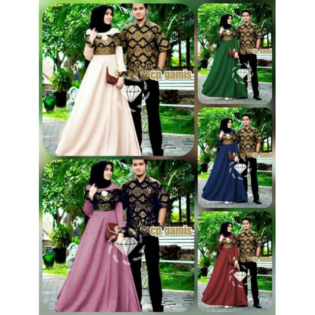 CP YASMIN BATIK COUPLE MUSLIM BATIK PRADA MOSCREPE PASANGAN KEMEJA DAN GAMIS MAXY KR ADA VIDEO REAL PICT