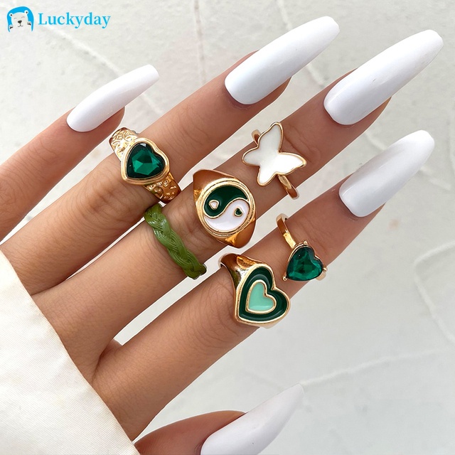 YEEZII 6pcs / Set Cincin Model Butterfly Tai Chi Warna-Warni Gaya Retro Untuk Wanita