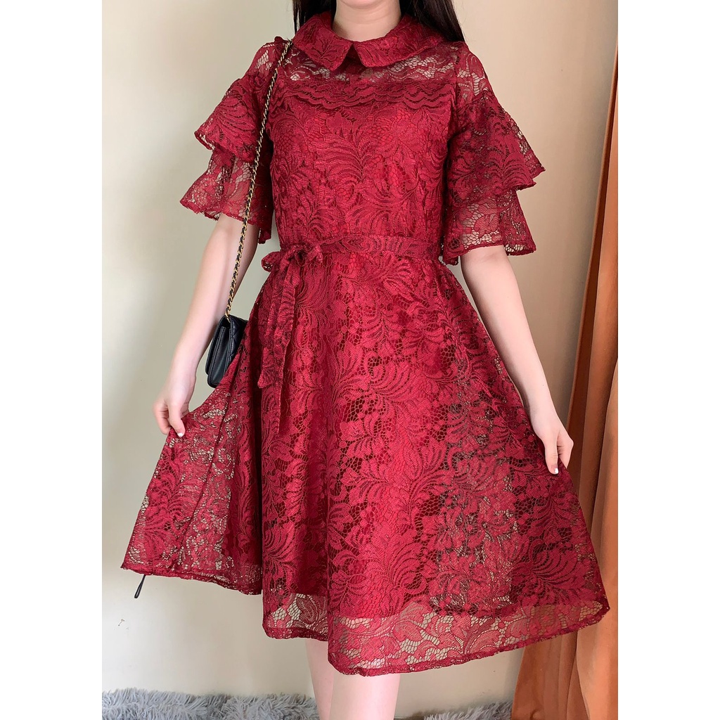 Ken-175B Dress Pesta Kondangan Mewah Dress Pesta  Premium  Wanita Tangan Tingkat Berkerah A-Line Dress Korean Style Full Brukat Non Gliter Free Tali Pinggang