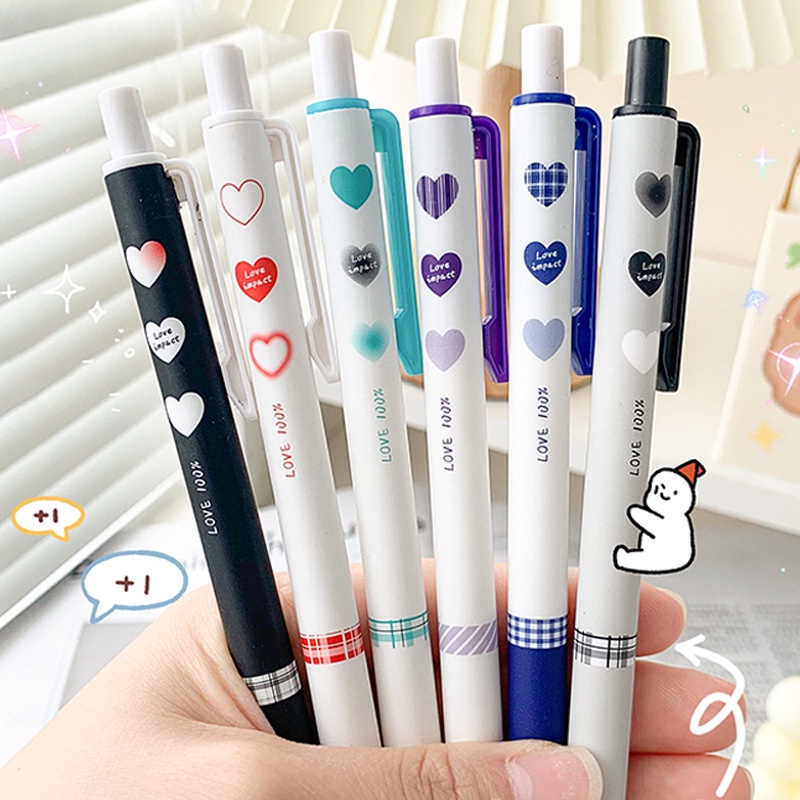 6pcs Pulpen Tinta Hitam 0.5mm Bentuk Hati Romantis