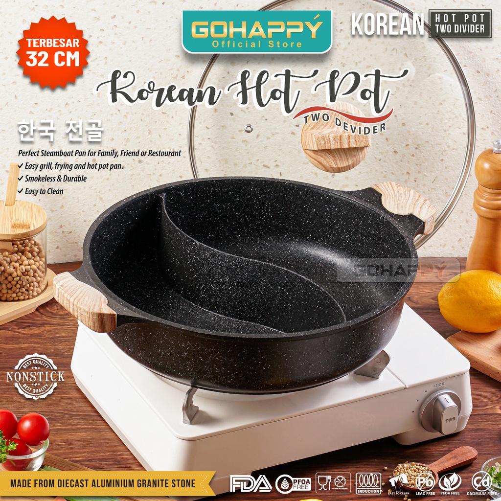 PANCI KUAH HOTPOT / Shabu shabu pan 2 sekat / Steamboat alat pemanggang grill pan dengan kuah GHK50 YIN YANG Free Glass lid