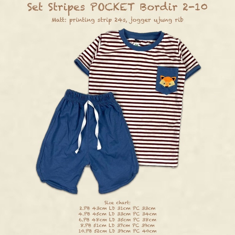 Setelan Anak Stripes Pocket Bordir Unisex 2-10 Tahun Original Kaos Super Premium Pakaian Anak Terlaris Termurah Best Seller