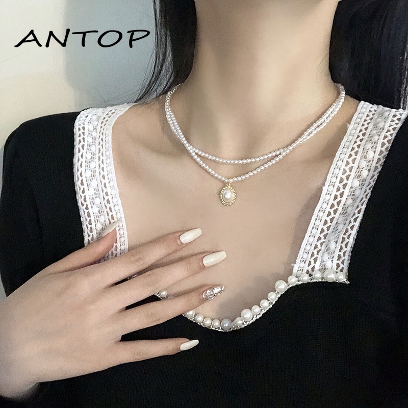 Kalung Choker Rantai Klavikula Hias Mutiara Ganda Gaya Vintage Untuk Perhiasan ANTOP