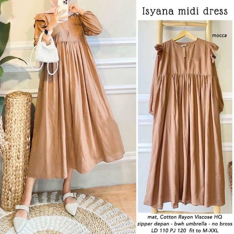 BISA COD ISYANA MIDI DRESS TERBARU UKURAN JUMBO LD 120 BAHAN KATUN RAYON DRESS MUSLIM POLOS