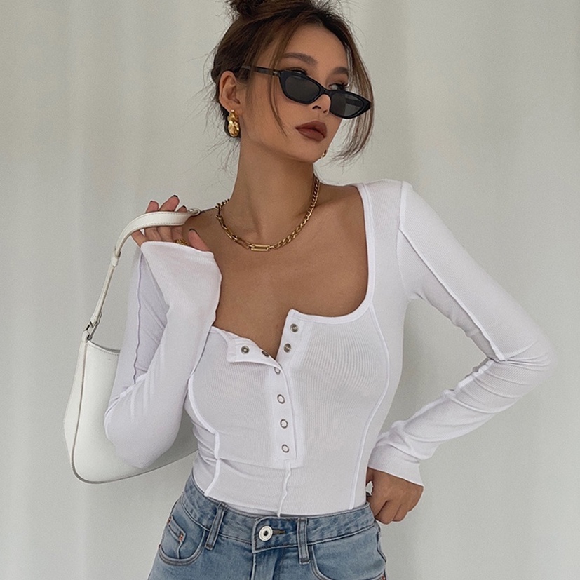 【LIVIAHOME】U Neck Long Sleeve Button Up Slim T-Shirt 7027