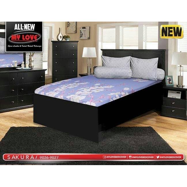 bedcover set my love motif bunga sakura warna ungu   flat   180x200