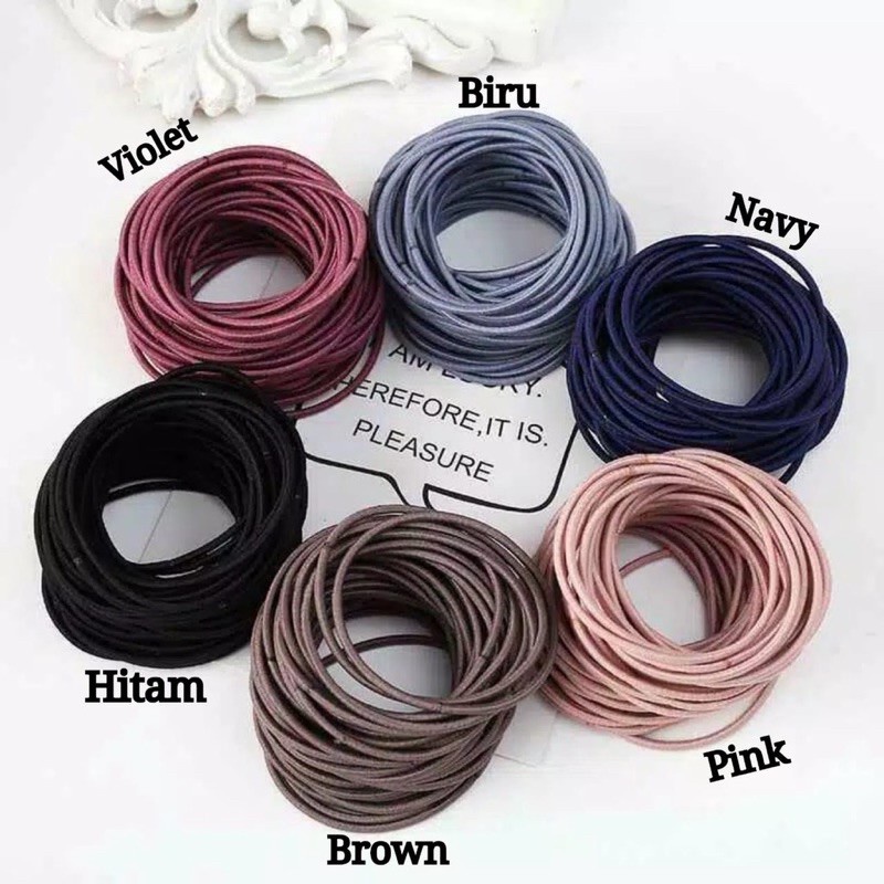 Ikat Rambut Korea import Free Pouch/Karet Warna Warni Hitam Polos Premium pouch  I Can Swim