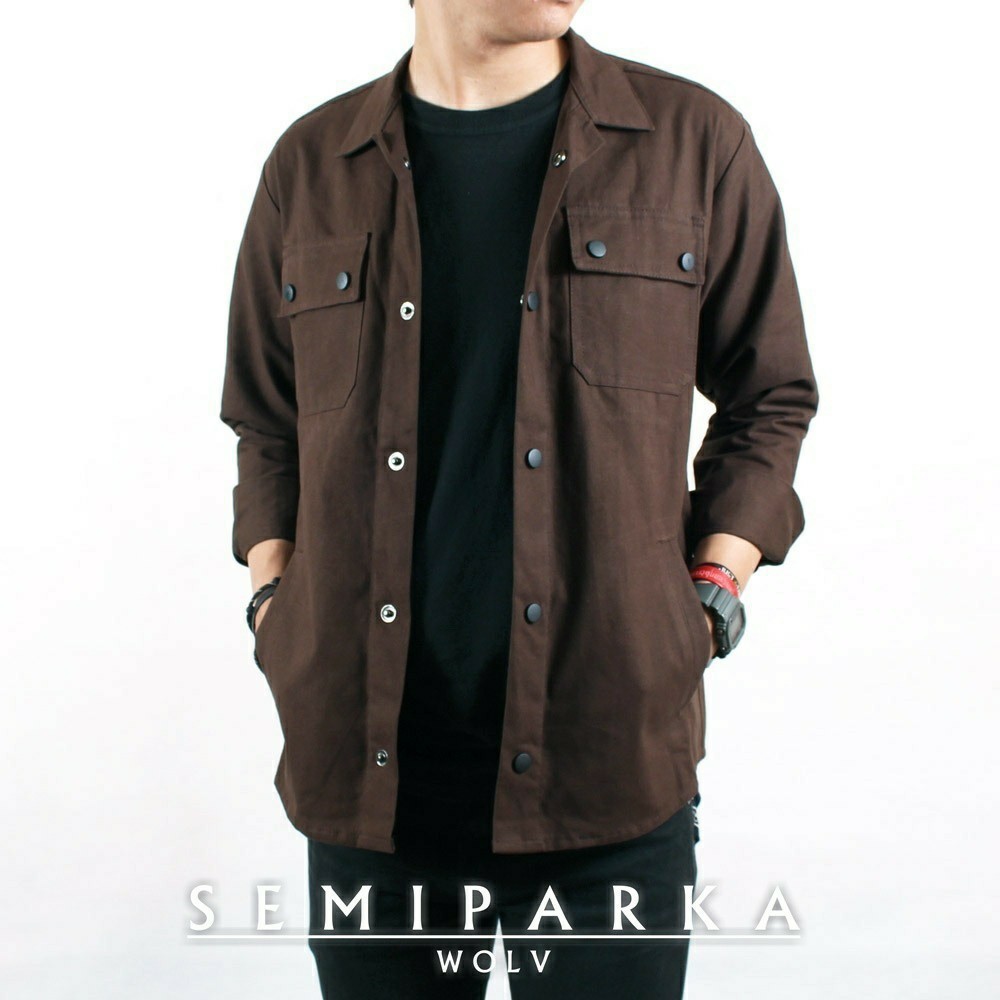 Kemeja Pria Polos Coklat Lengan Panjang Type Semi Parka Bahan Canvas Size Jumbo M L XL XXL