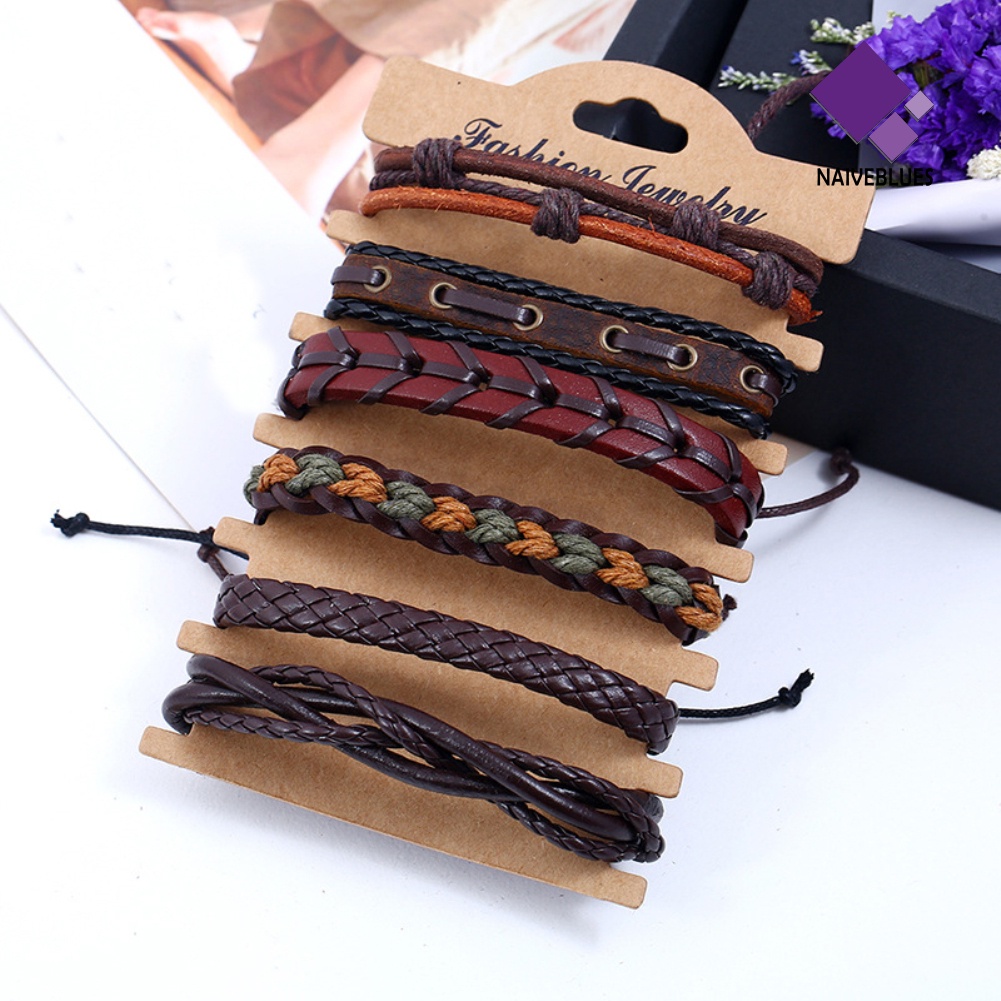 Naiveblue &gt; 6Pcs / Set Gelang Tangan Tali Kulit Imitasi Gaya Vintage Untuk Pria