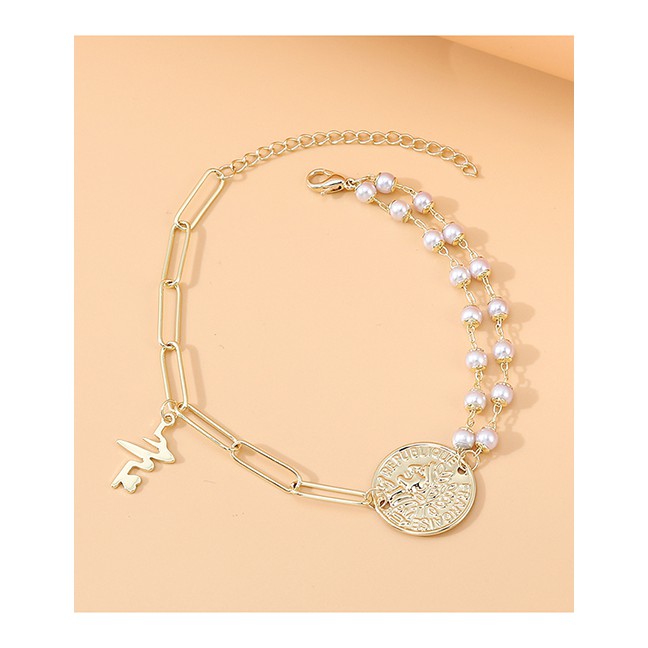 LRC Gelang Tangan Fashion Golden Round Head Portrait Pearl Stitching Y64449