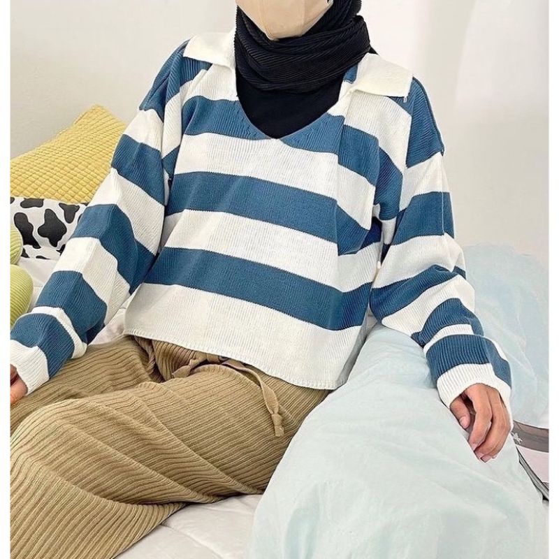 BAJU RAJUT CROPTOP BLASTER GARIS SALUR PREMIUM FUJI SWEATER/Baju rajut kekinian/Sweater Fuji Crop To