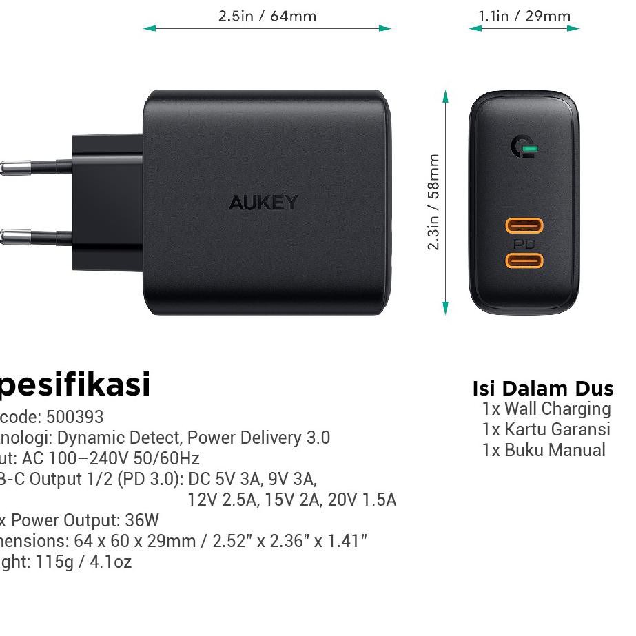 Ready stok V6E Aukey Charger PA-D2 Dual-Port 36W PD with Dynamic Detect -  Spesial order