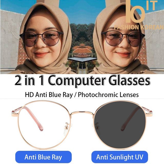 COD✨ 2 in1 Kacamata Photocromic Wanita Unisex Kacamata Berubah Warna anti radiasi Korea Besi Frame Kaca Mata Hitam Anti Silau Potocromic [Ready Stock]