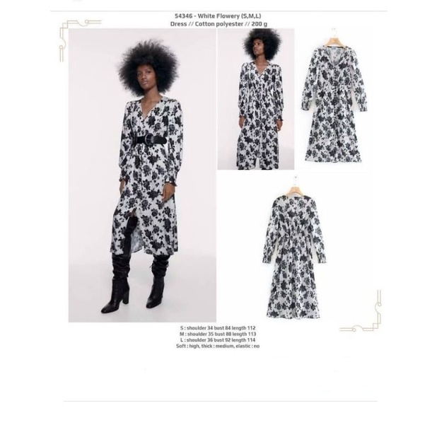 Dress midi lengan panjang putih motif bunga vneck