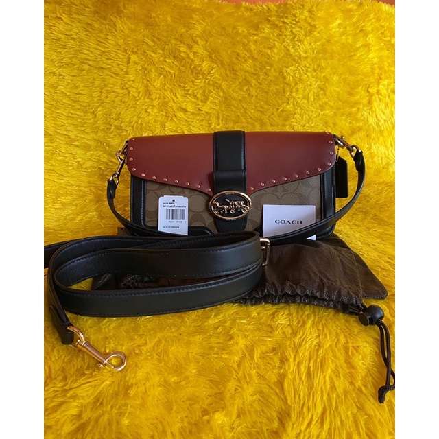 Preloved Coach Georgie Shoulder Bag Rivets Signature Khaki Terracota Multi - Tas Branded wanita - Or