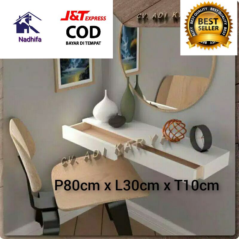 Meja Rias Dinding ) 2laci pakai rel roda ( hanya meja ) P80cm x L28cm x T10cm