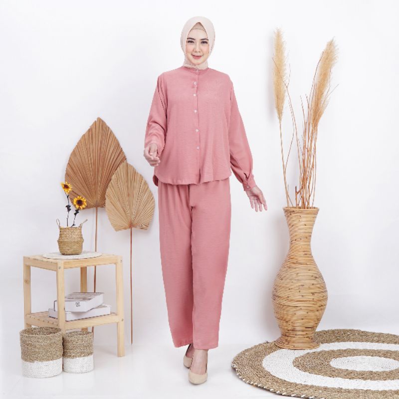 Kemeja set wanita krah shanghai | Setelan kemeja busui lengan panjang | Setelan kemeja oversize crinkle