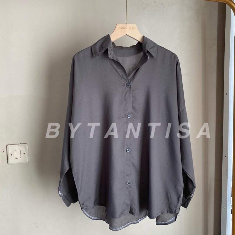 KEMEJA BASIC KONINA BAHAN RAYON | KEMEJA BLOUSE WANITA BAHAN ADEM FULL KANCING-Darkgrey konina
