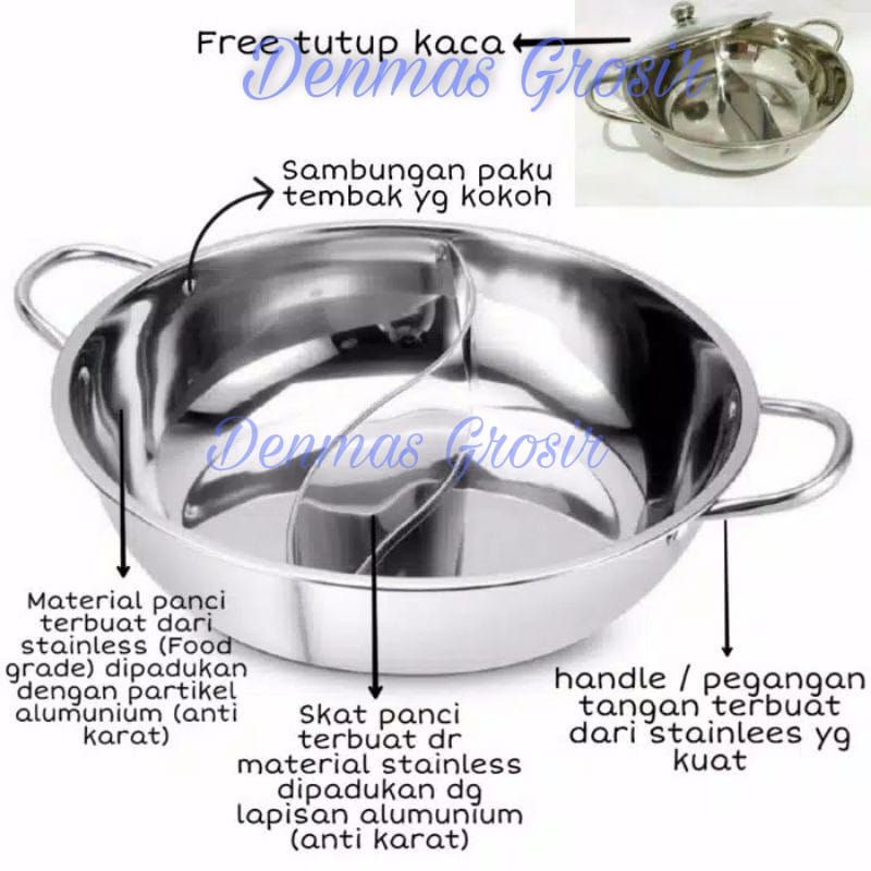 ( MURAH ) Panci Shabu 2 sekat / Panci stainless Tutup Kaca 28cm / Panci 2 sisi