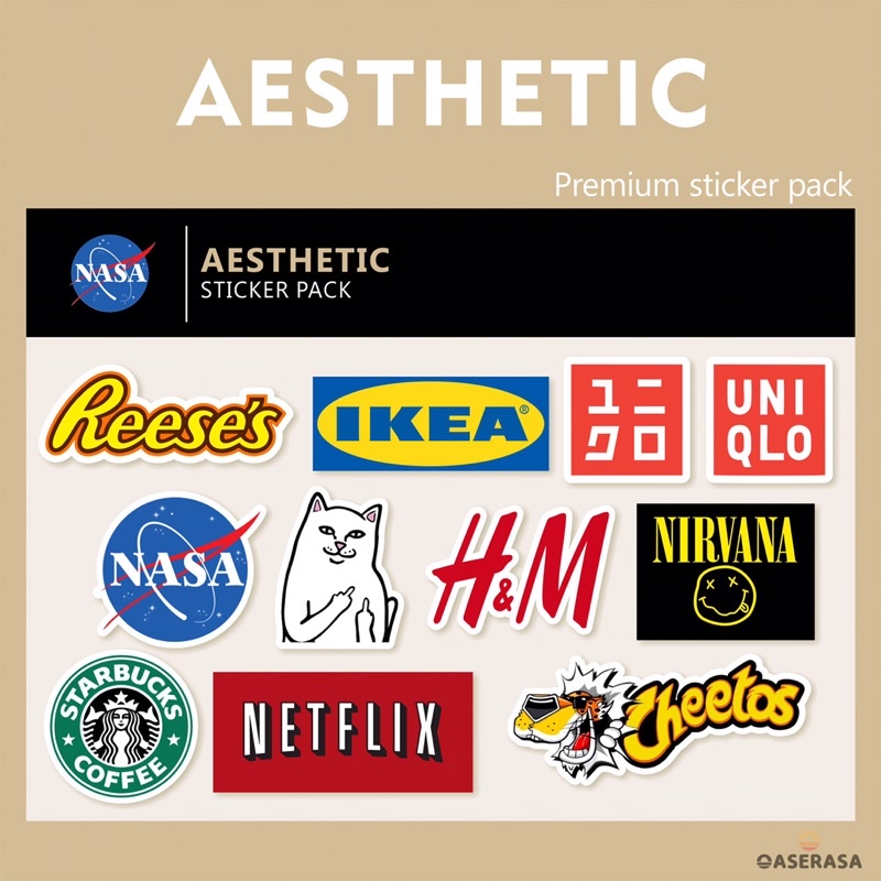 

Sticker AESTHETIC PACK 10 pcs | brand clothing AESTHETIK premium pack | Stiker H&m nasa ikea cheetos netflix starbuck nirvana uniqlo