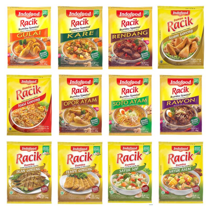 

Bumbu Racik Indofood Sayur Sop Asem Tempe Ikan Ayam Nasi Goreng Rawon Kare Soto Opor Rendang Gulai 20 / 26 / 33 / 45 / 55 g