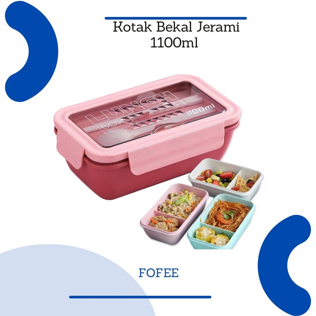 Tempat Makan Lunch Box NORDIC FREE Set Sendok dan Sumpit Anti Tumpah 2 Grid 1100ml// LUNCH BOX SET JERAMI